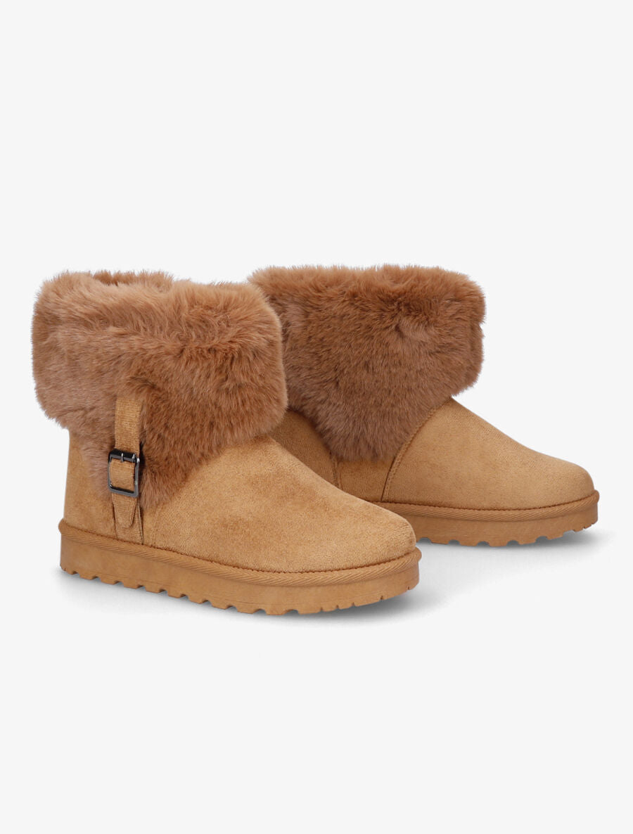 Boots en suédine à fourrure et boucle - Camel - 4