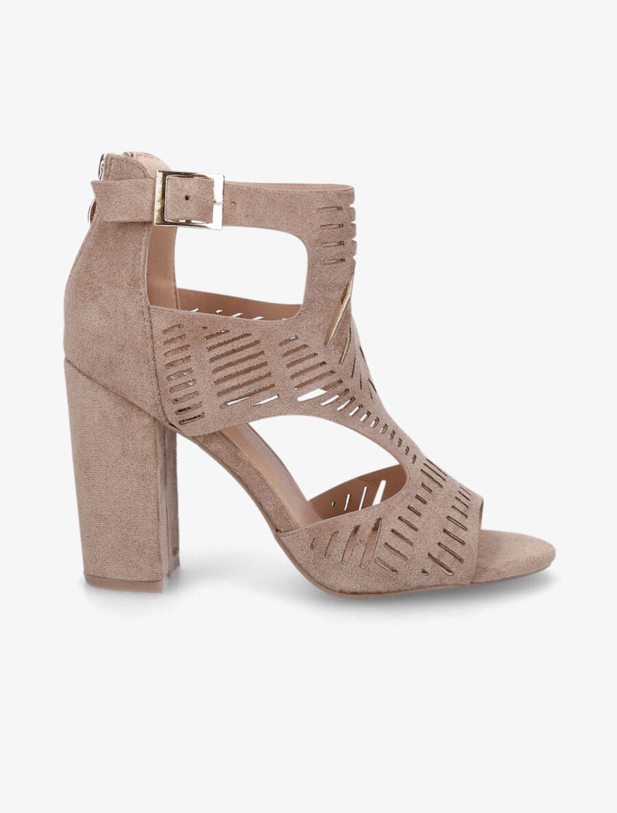 Sandales ajourées à talon haut en suédine - Taupe - 1