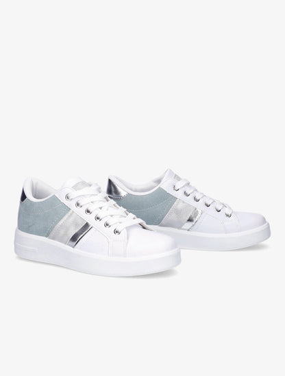 Sneakers en simili et suédine et bandes irisées - Bleu gris - 4