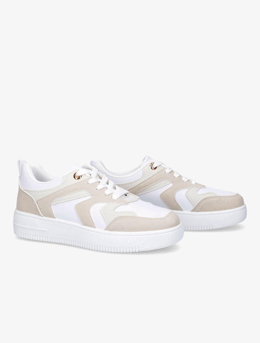 Sneakers bicolore en simili - Beige - 4
