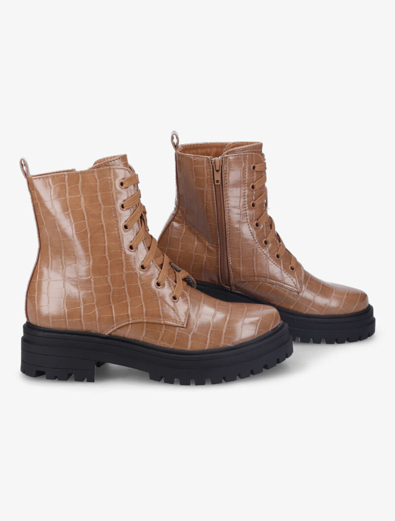 Bottines à lacets effet croco - Camel - 1