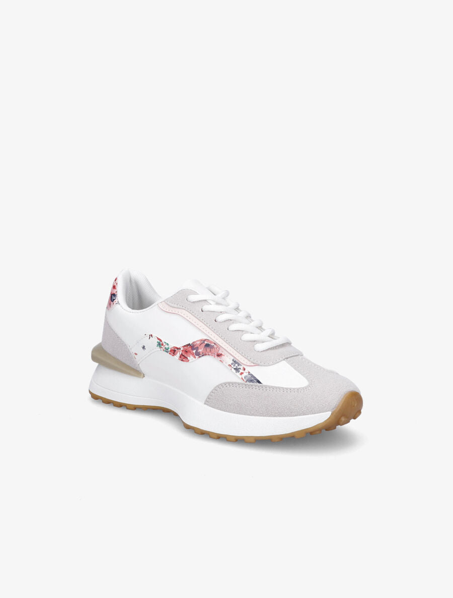 Running en simili et suédine imprimé fleuri - Blanc/rose - 2