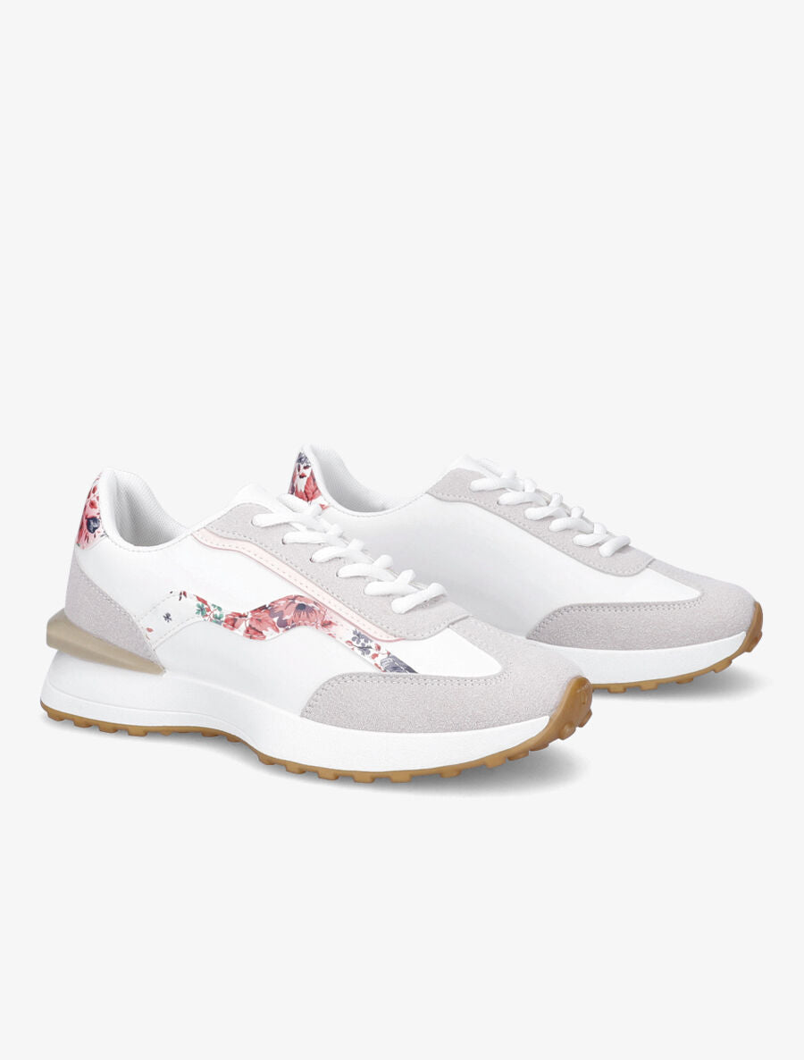 Running en simili et suédine imprimé fleuri - Blanc/rose - 4