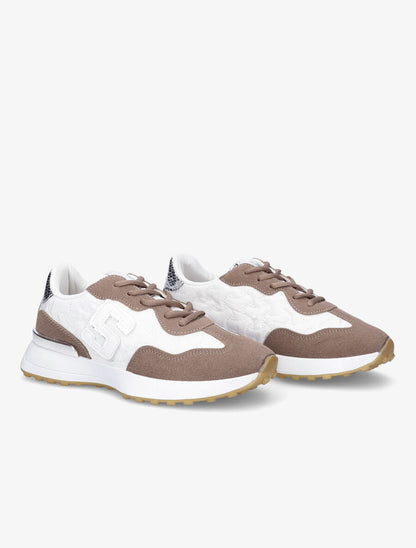 Running en suédine et tissu matelassé - Blanc/taupe - 4