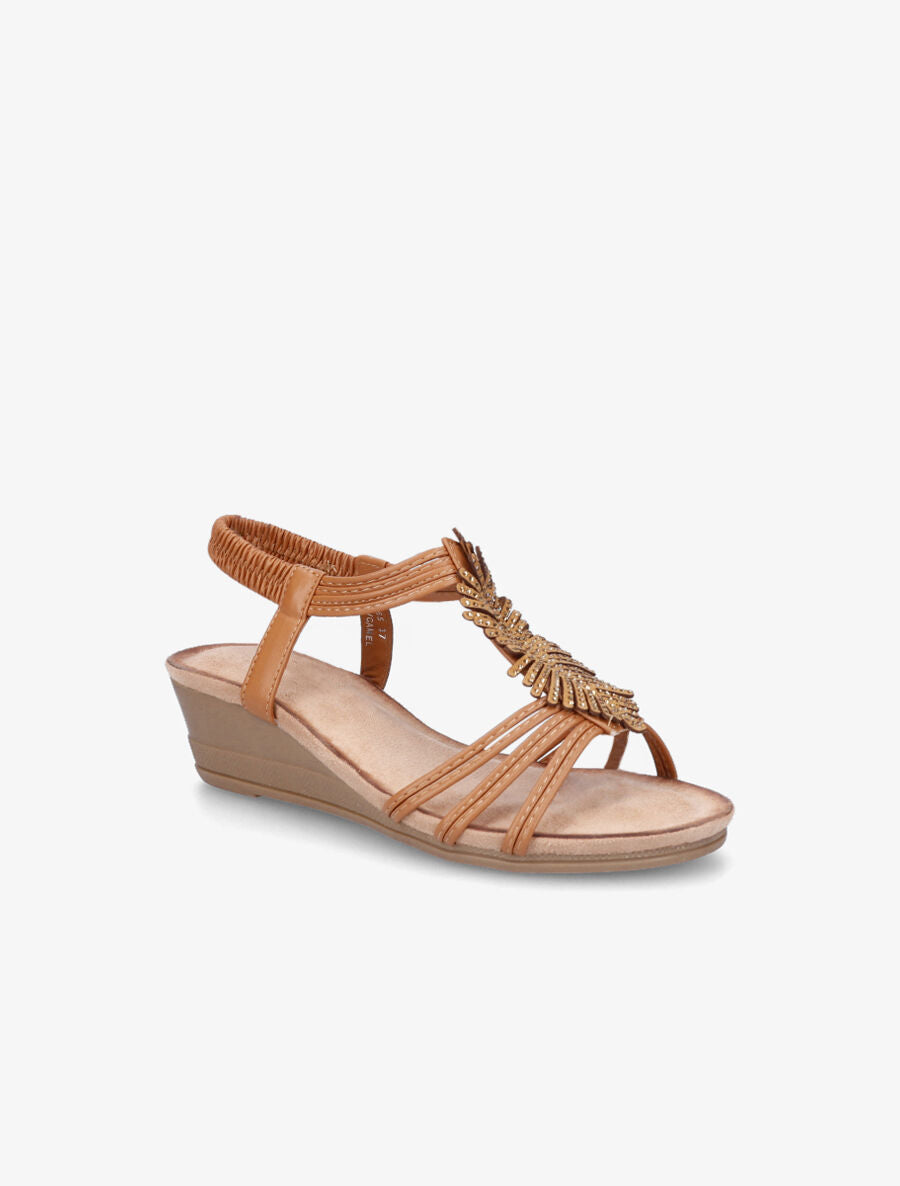 Sandales compensées bride à strass - Camel - 2