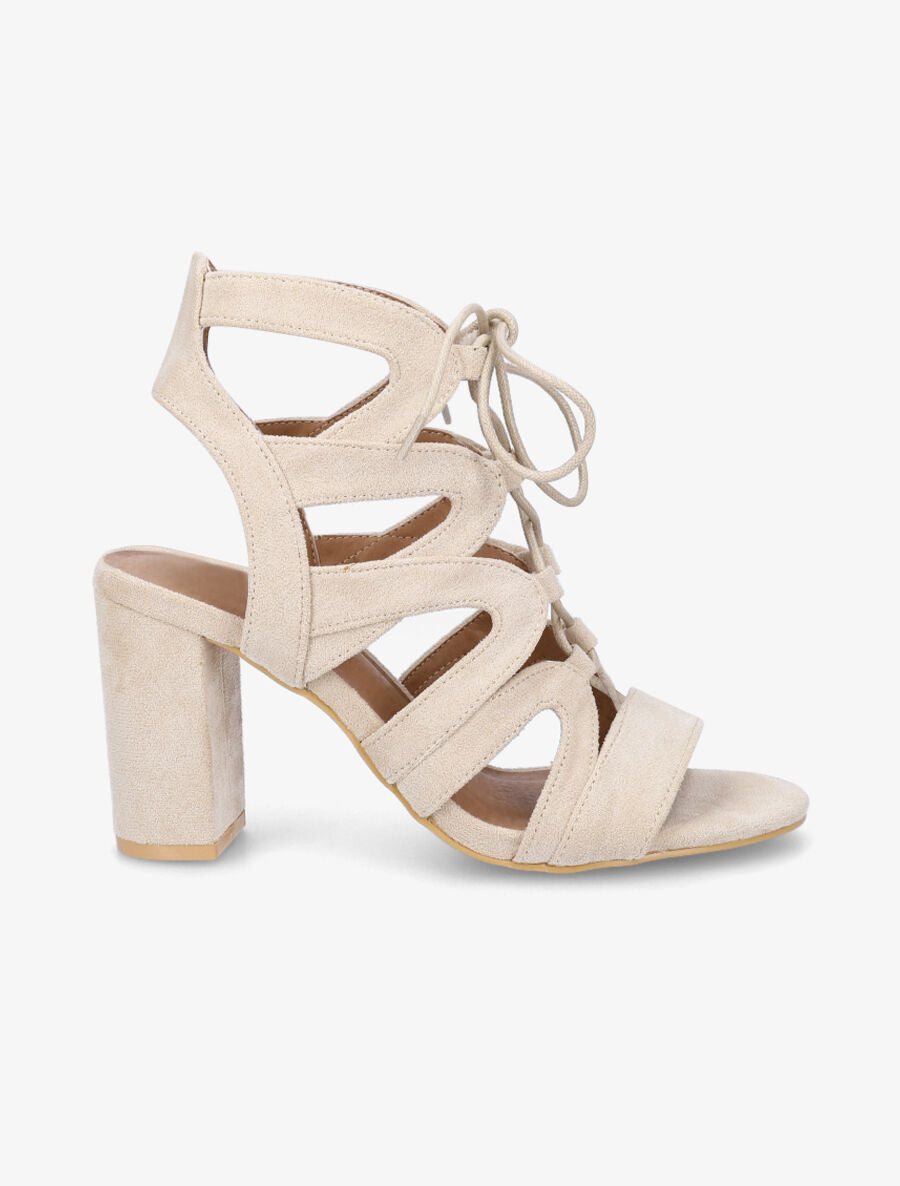 Sandales ajourées à talon en suédine et lacets - Beige - 5