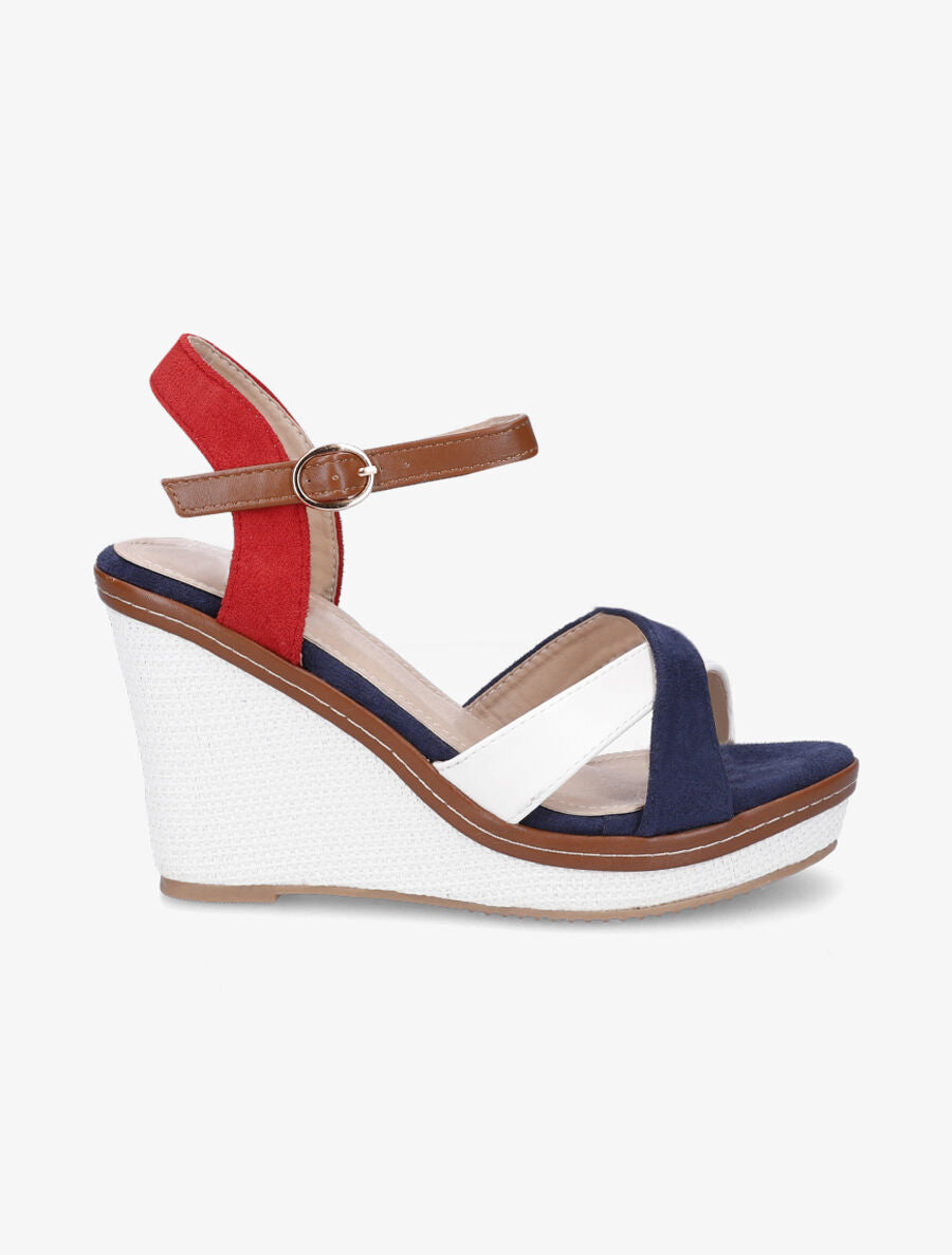Sandales compensées croisées bi-matière - Marine/rouge - 1