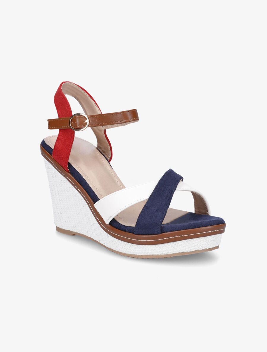 Sandales compensées croisées bi-matière - Marine/rouge - 2