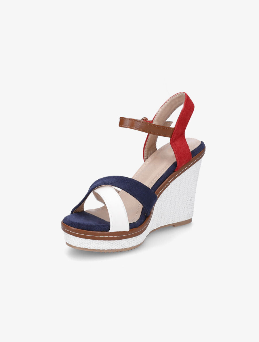 Sandales compensées croisées bi-matière - Marine/rouge - 3