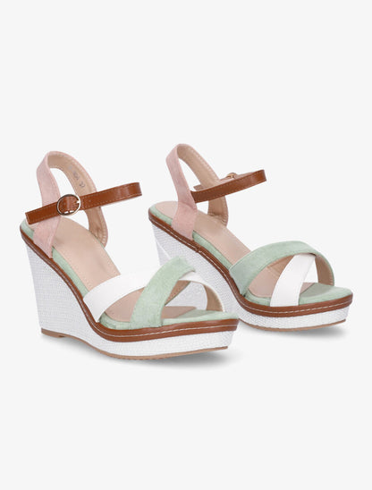Sandales compensées croisées bi-matière - Vert/rose - 4