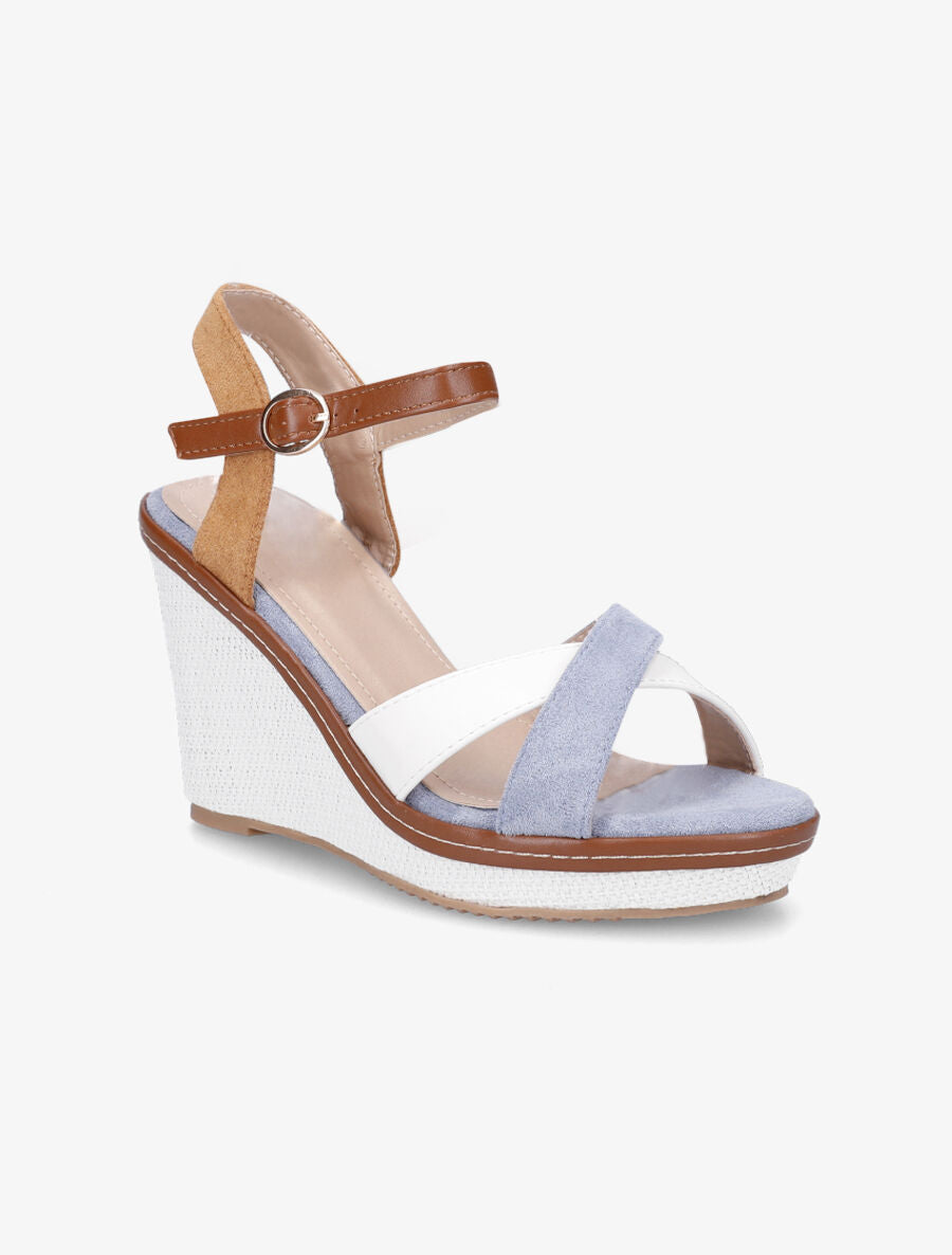 Sandales compensées croisées bi-matière - Bleu ciel/camel - 2