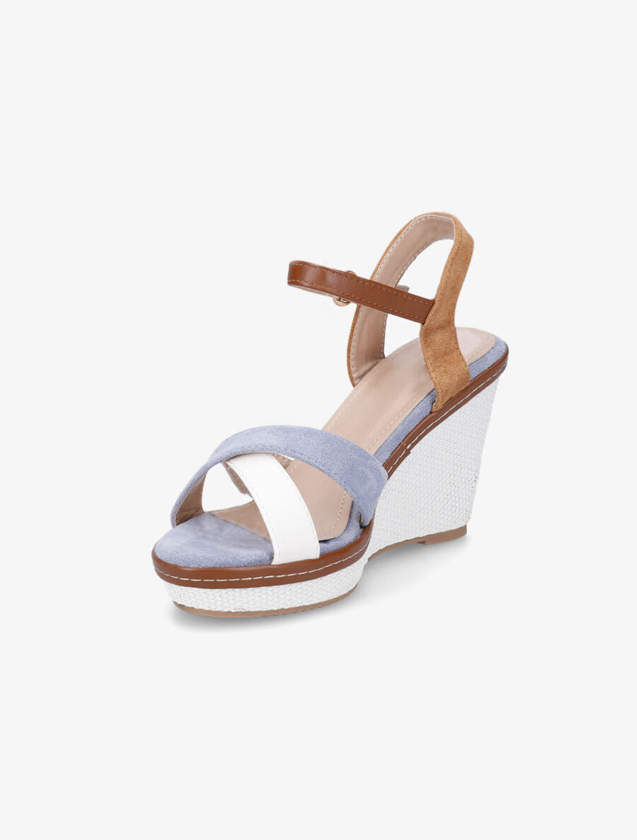Sandales compensées croisées bi-matière - Bleu ciel/camel - 3