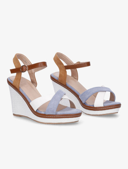 Sandales compensées croisées bi-matière - Bleu ciel/camel - 4