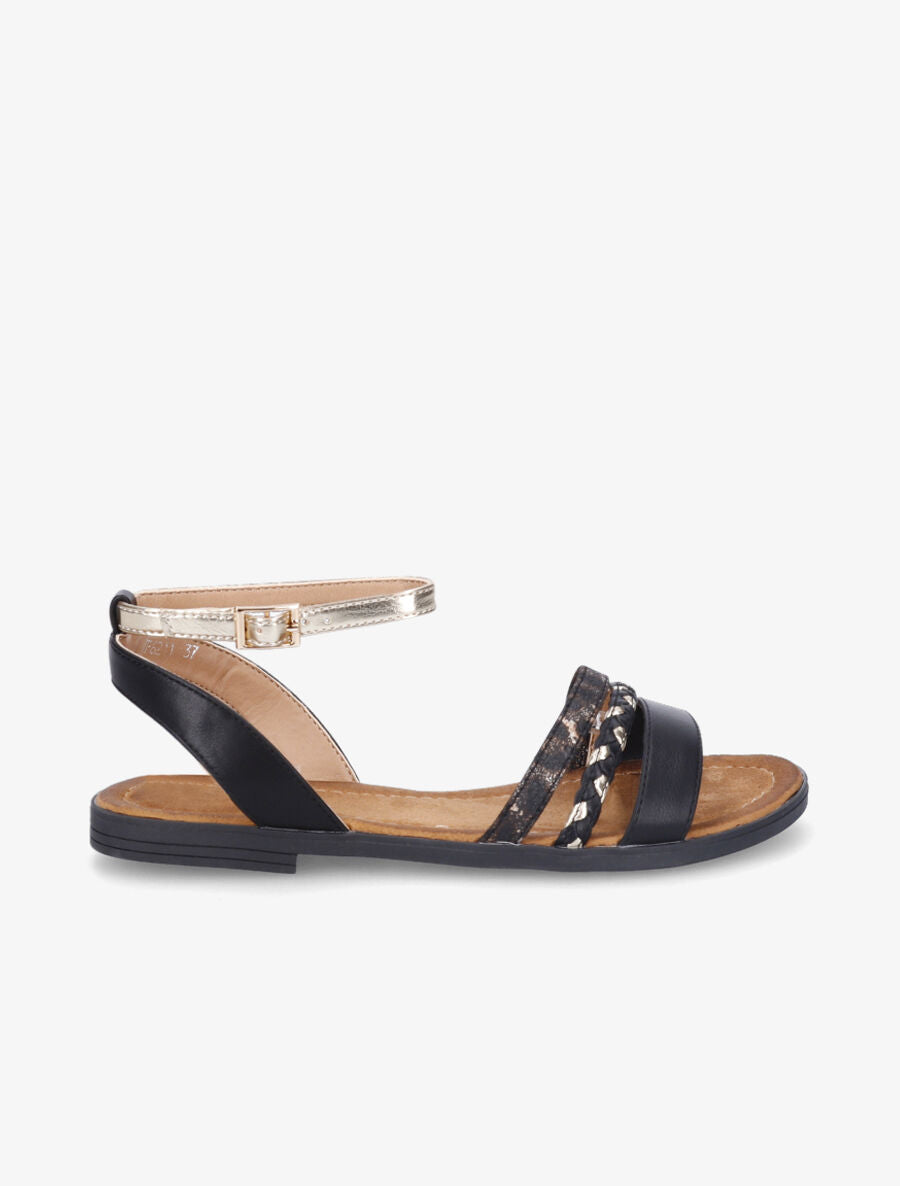 Nu-pieds à triples brides imprimé léopard et tressées - Noir - 1