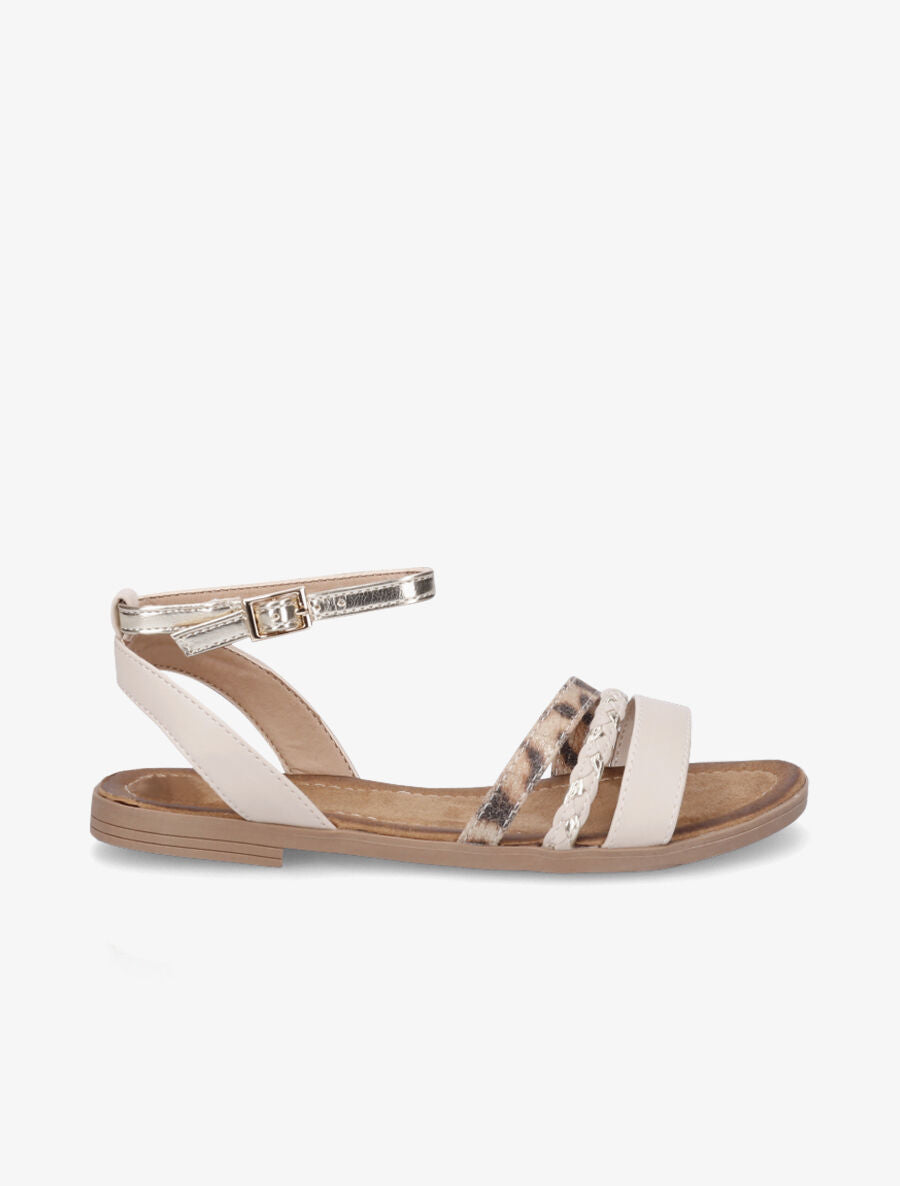 Nu-pieds à triples brides imprimé léopard et tressées - Beige - 1