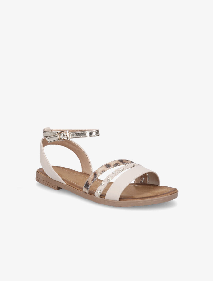 Nu-pieds à triples brides imprimé léopard et tressées - Beige - 2