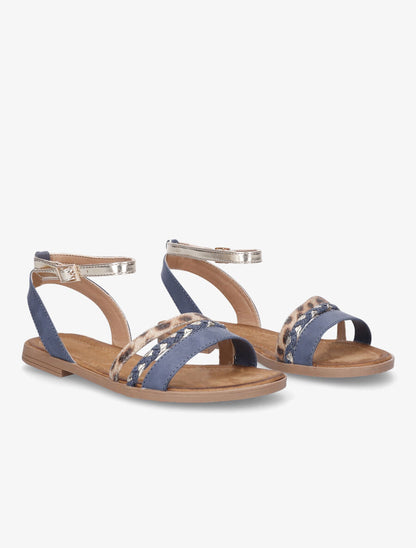 Nu-pieds à triples brides imprimé léopard et tressées - Bleu - 4