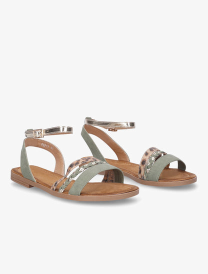 Nu-pieds à triples brides imprimé léopard et tressées - Vert d&