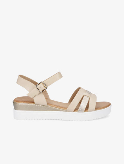 Sandales compensées bride fantaisie croco - Beige - 5