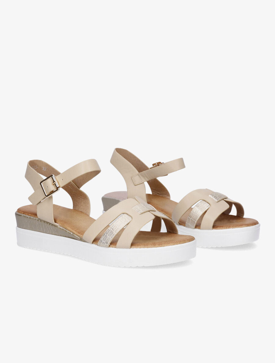 Sandales compensées bride fantaisie croco - Beige - 4