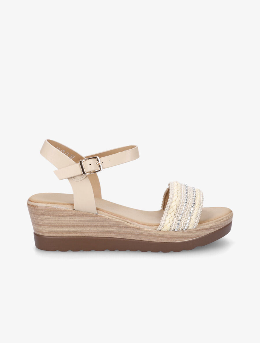 Sandales compensées bride à perles - Beige - 1