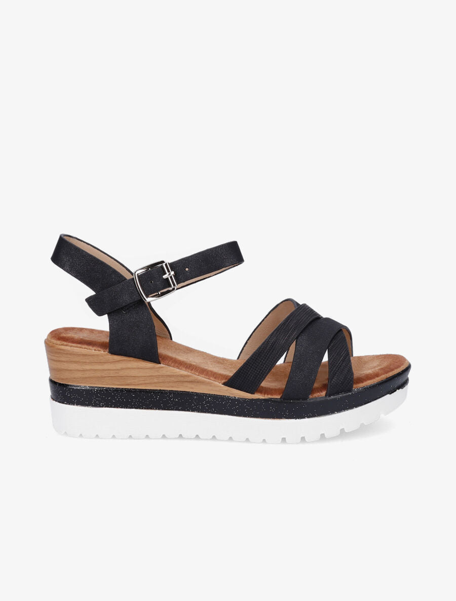 Sandales compensées pailletées et croisées - Noir - 1
