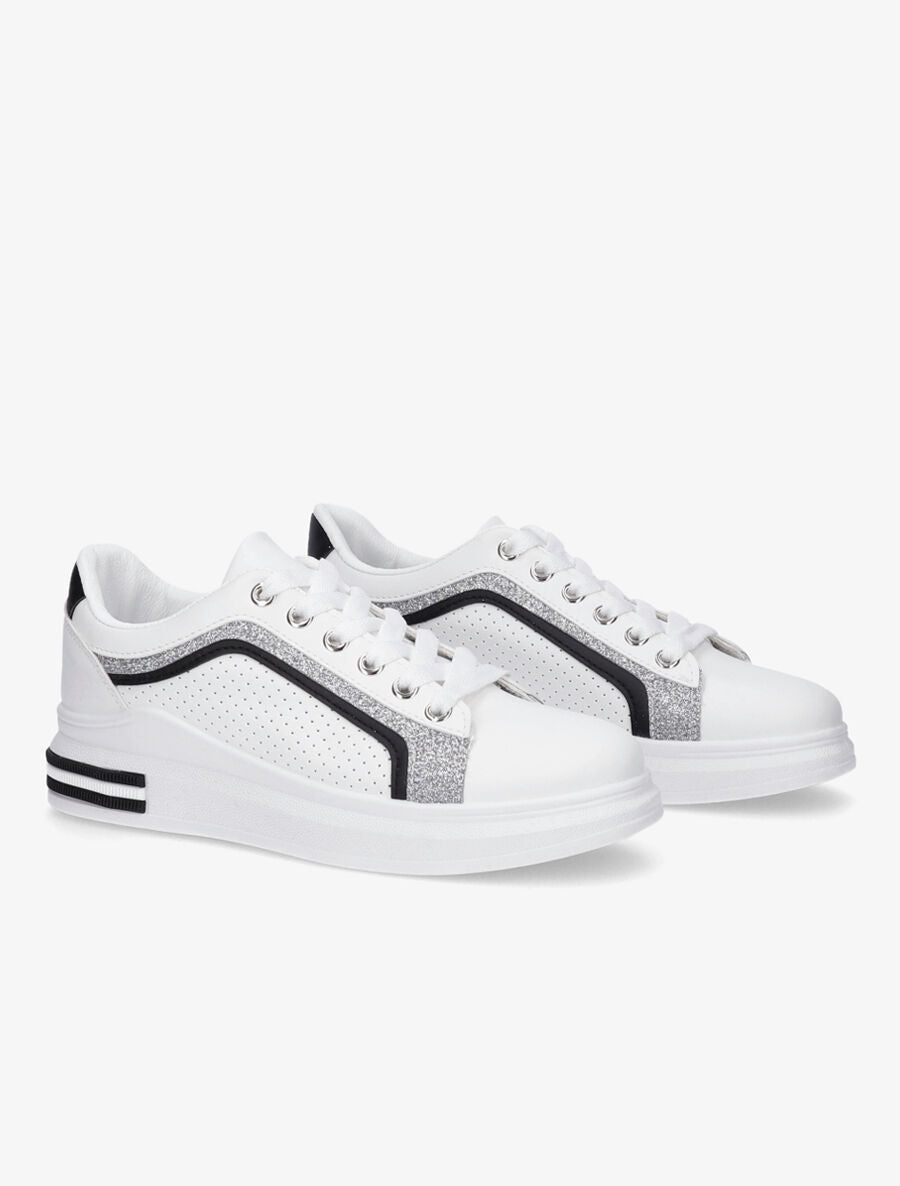 Sneakers en simili perforés à bandes pailletées - Noir - 4