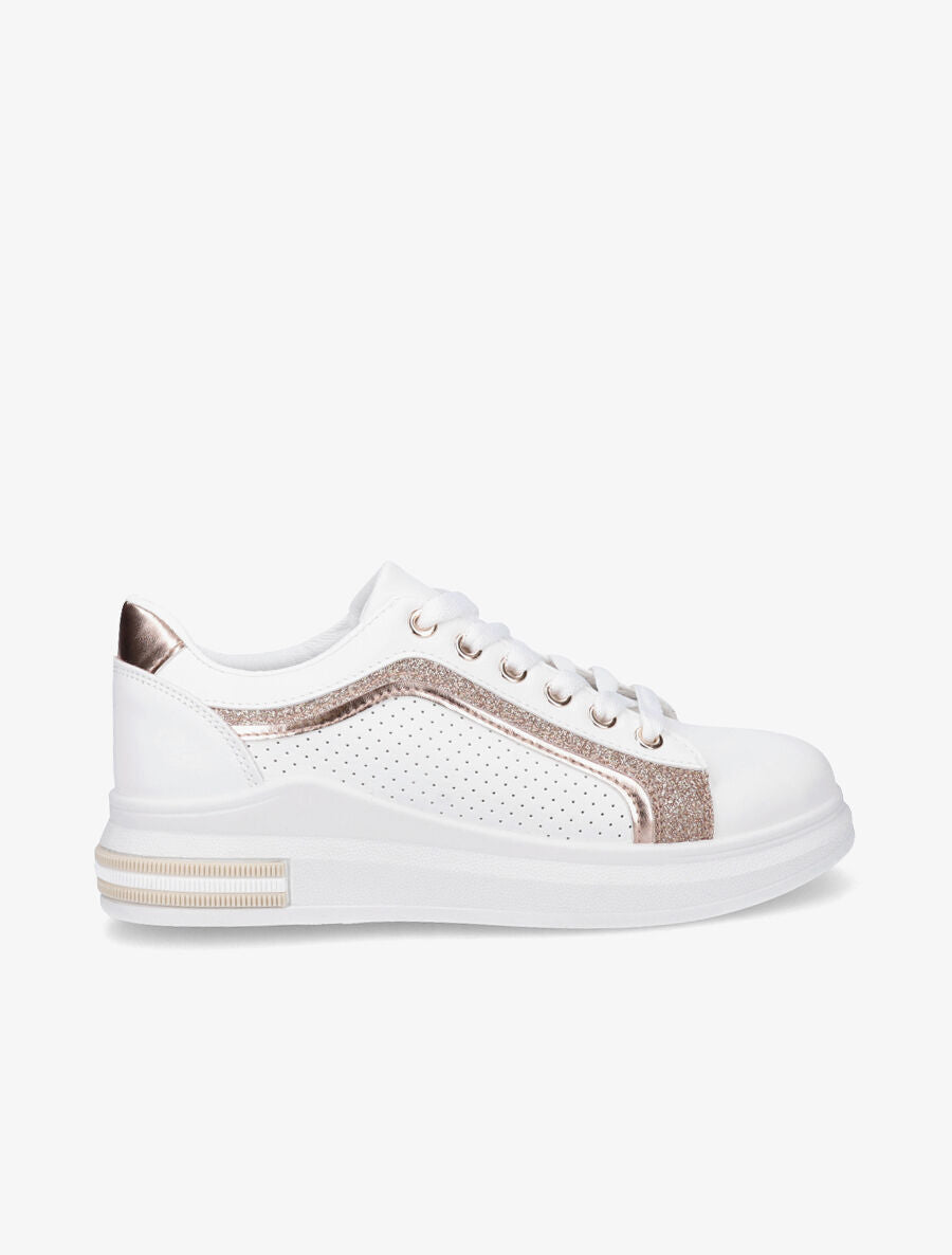 Sneakers en simili perforés à bandes pailletées - Rose gold - 5