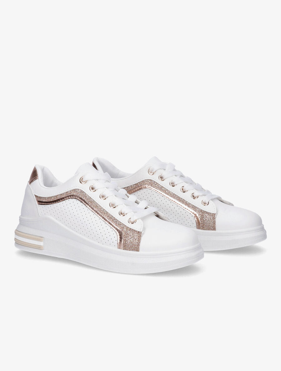 Sneakers en simili perforés à bandes pailletées - Rose gold - 4