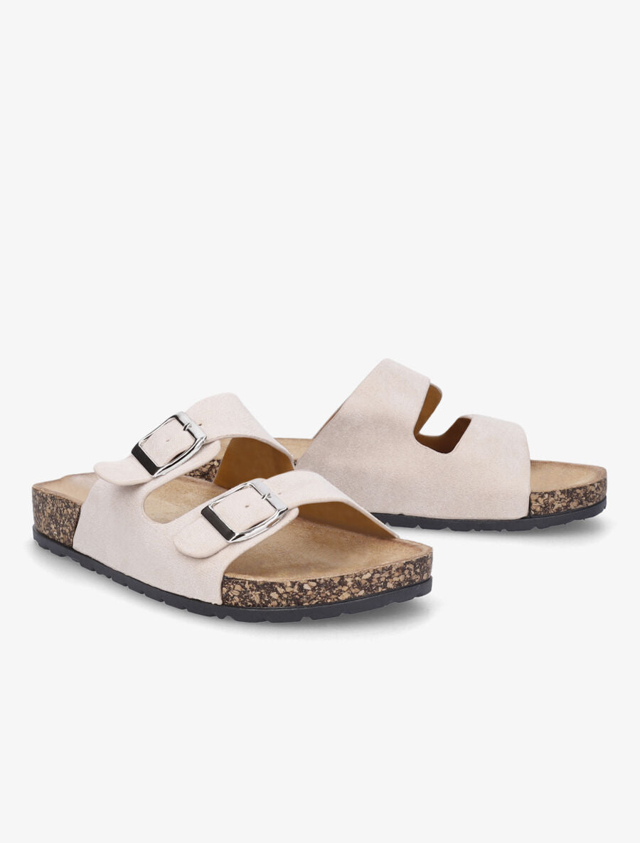 Claquettes en suédine à double brides à boucle - Beige - 4