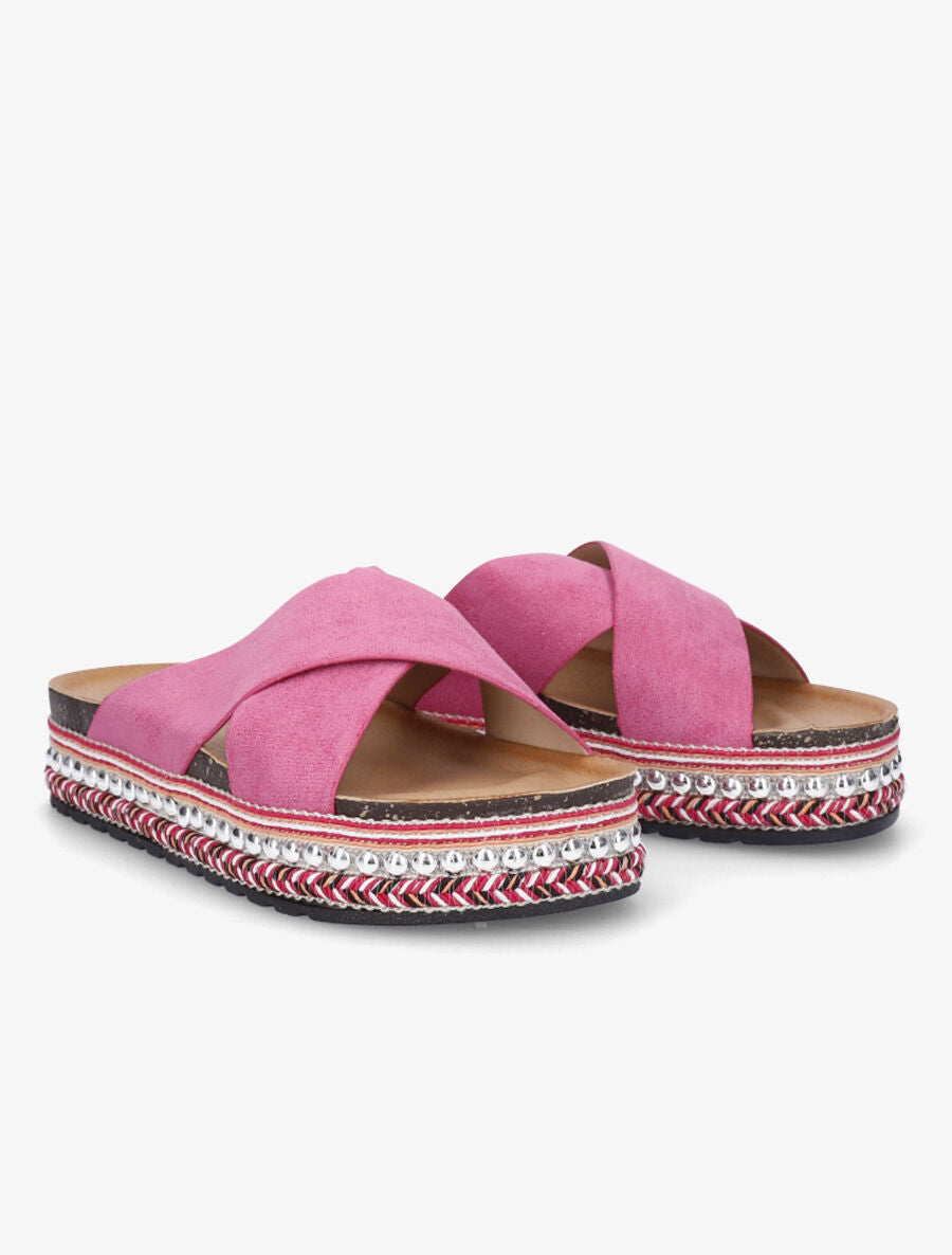 Claquettes à ganses croisées et semelle stylisée - Fuschia - 4