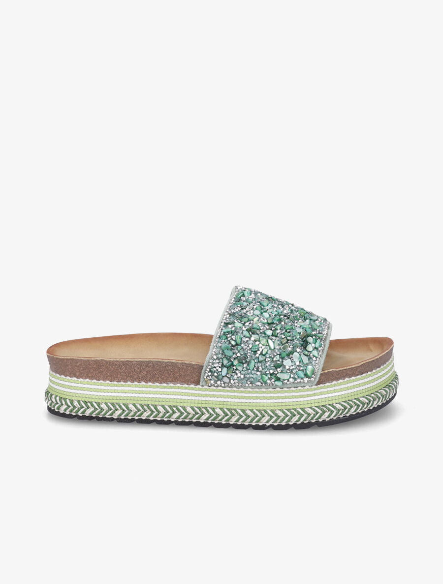 Claquettes à ganses ornées de pierres - Vert - 1