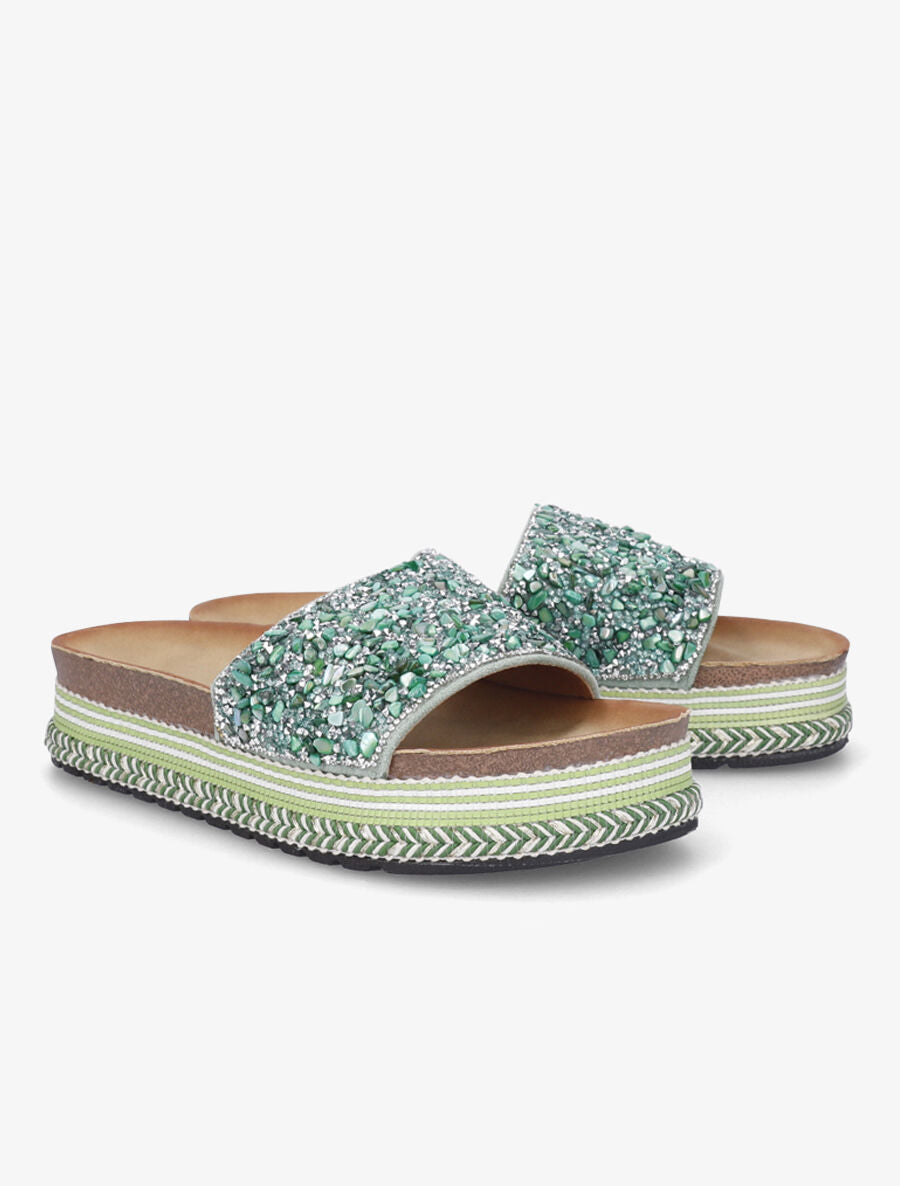 Claquettes à ganses ornées de pierres - Vert - 4