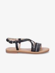Nu-pieds en simili à bride tressée et strass - Noir - 1