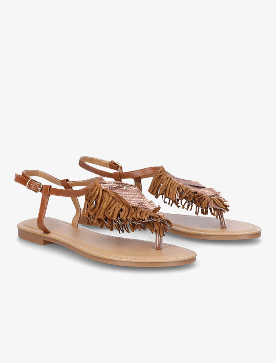 Nu-pieds à franges en simili - Camel - 4