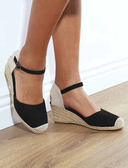 Sandales compensées bi-matière style espadrilles - Noir - 1