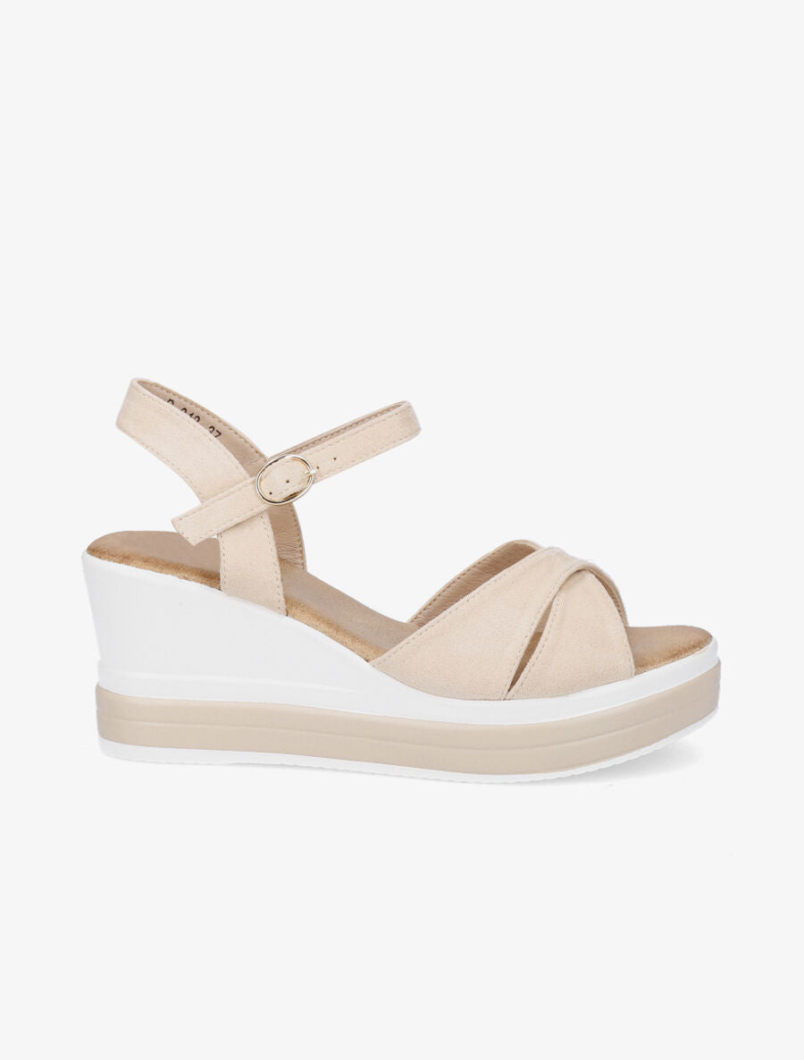 Sandales compensées en suédine à ganses croisées - Beige - 2
