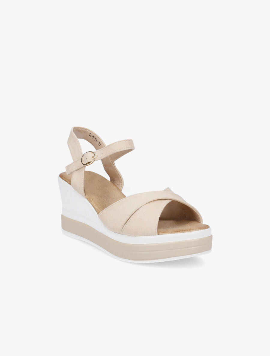 Sandales compensées en suédine à ganses croisées - Beige - 3