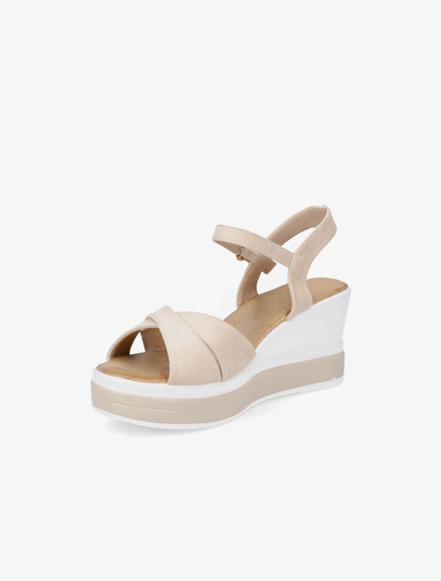 Sandales compensées en suédine à ganses croisées - Beige - 4