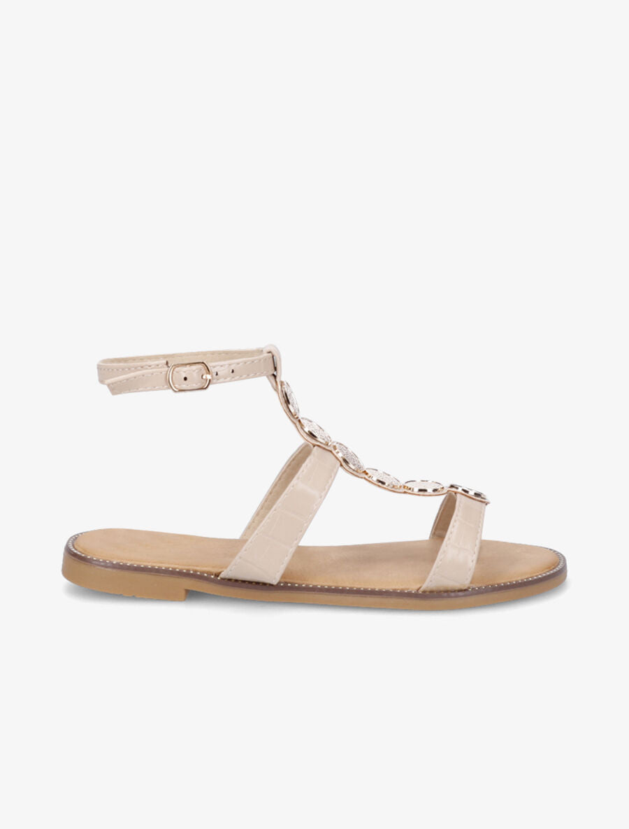 Nu-pieds effet croco et bijoux - Beige - 1