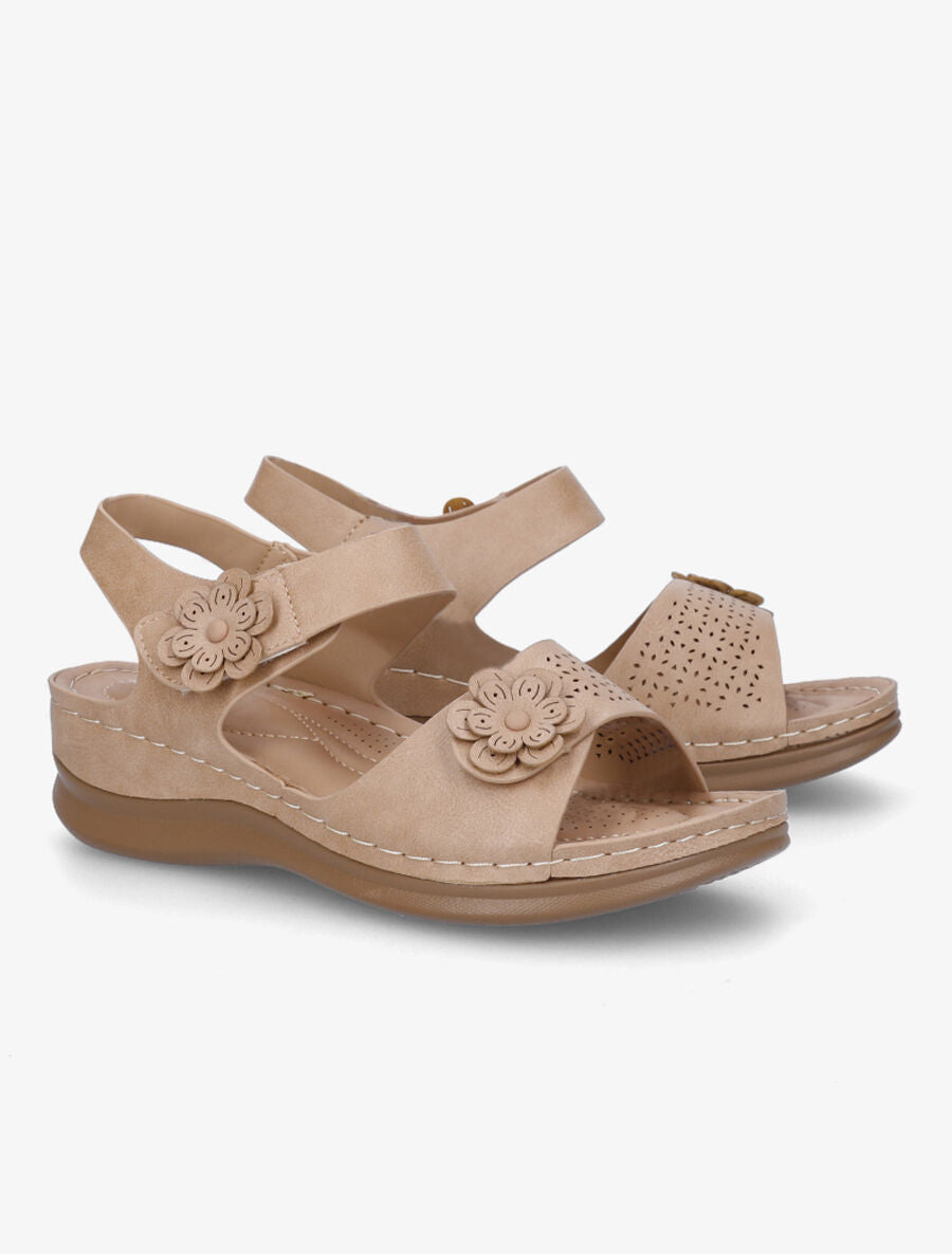 Sandales compensées ajourées et scratch - Beige - 4