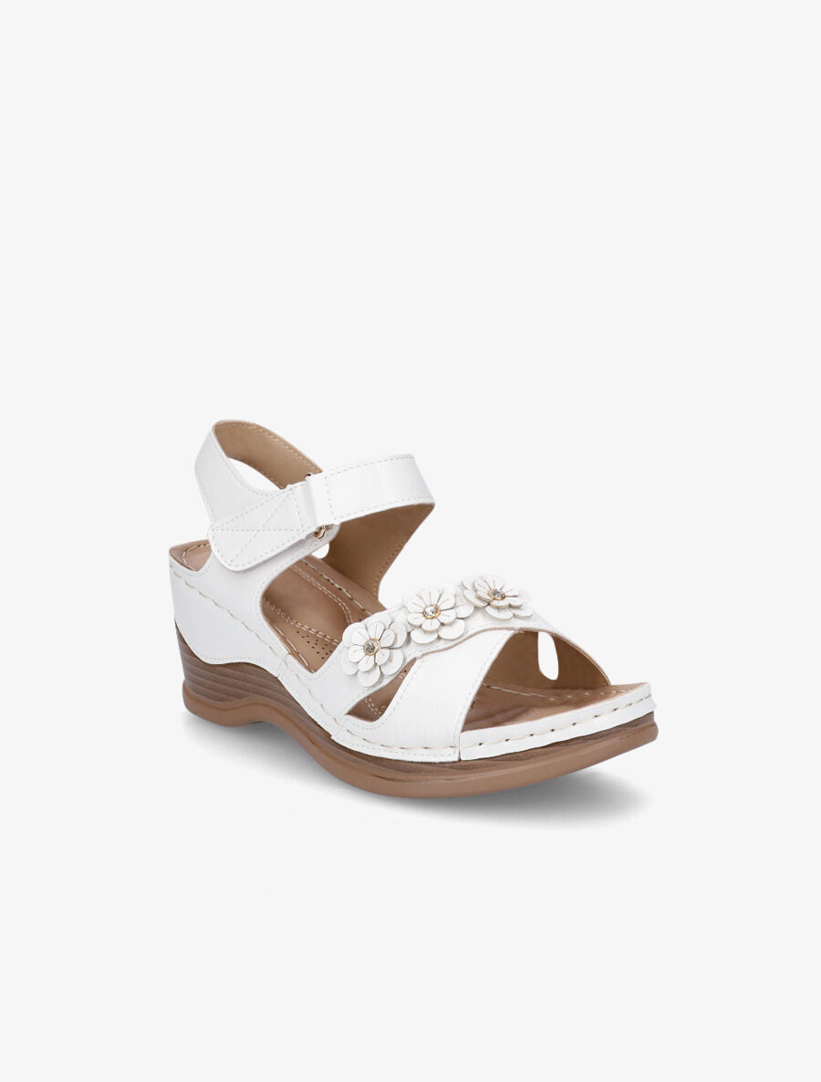 Sandales compensées à fleurs et strass - Blanc - 2