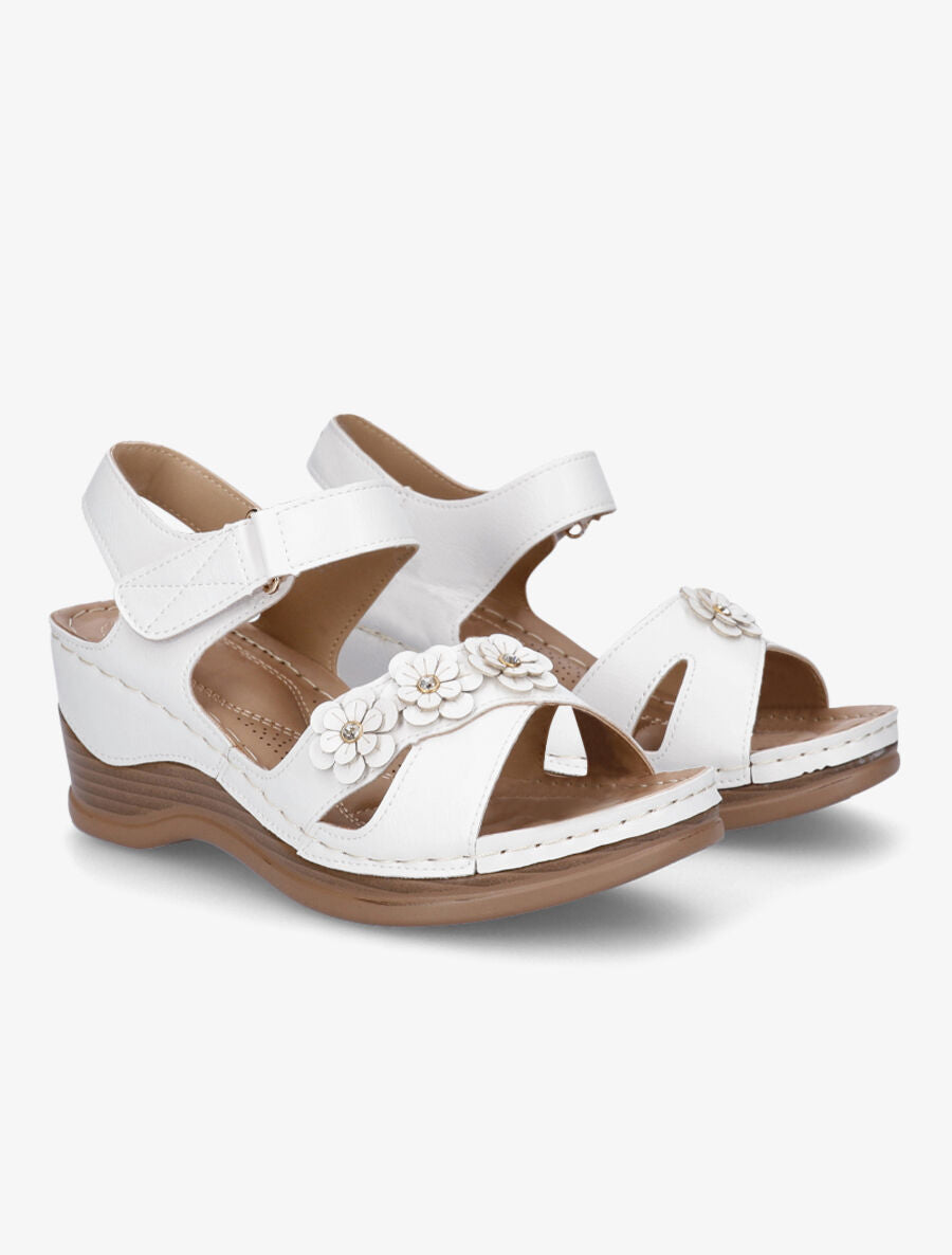 Sandales compensées à fleurs et strass - Blanc - 4