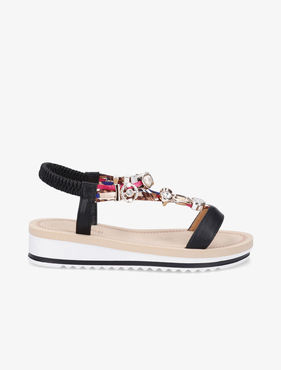 Nu-pieds en simili imprimés et détail bijoux - Noir - 5