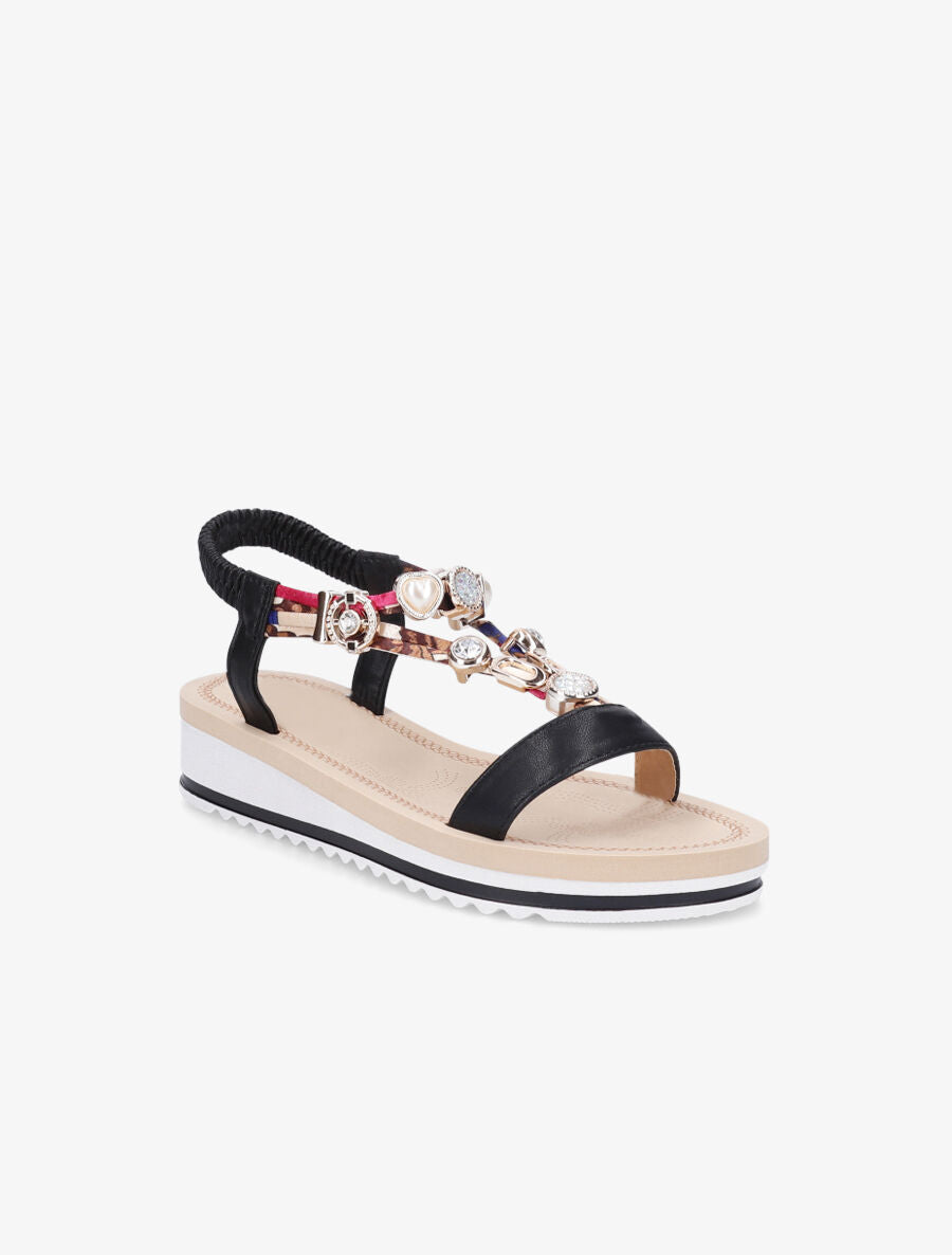 Nu-pieds en simili imprimés et détail bijoux - Noir - 2