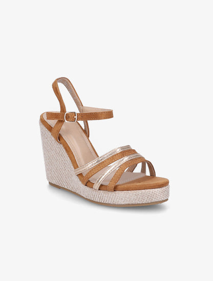 Sandales à semelle compensée et brides irisées - Camel - 2