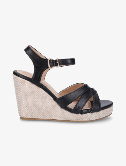 Sandales bi-matière à talon compensé - Noir - 5