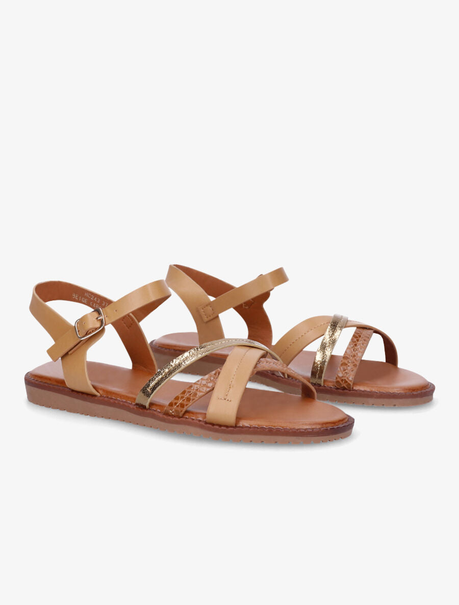 Nu-pieds à brides croisées unies et effet python - Beige - 4