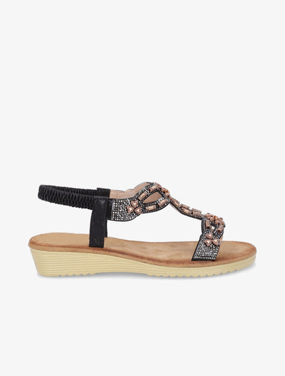 Nu-pieds à empiècement effet bois et strass - Noir - 1