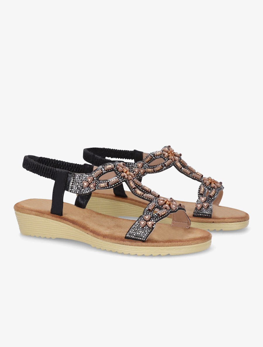Nu-pieds à empiècement effet bois et strass - Noir - 4